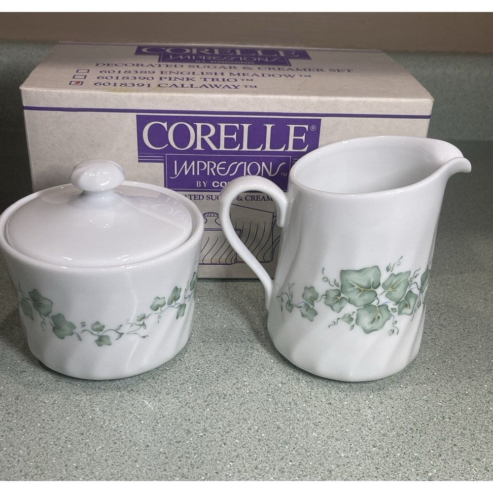 CORELLE Coordinates Callaway Ivy Leaf in Box cream sugar set Vintage Corning